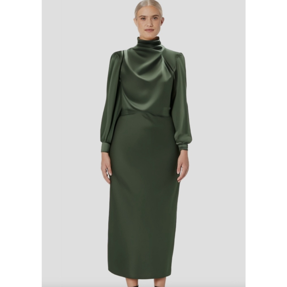 NEW Mock Neck “Satin” Long Sleeve Elastic Waist Dress Size L Army Green